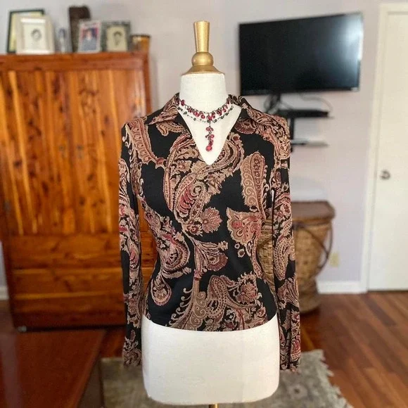 VINTAGE WET SEAL Y2K 90s Paisley Top Long Sleeve V-Neck Collared Black Brown S - Picture 2 of 6